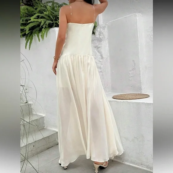 White ivory mesh drop waist clear spaghetti strap maxi flowy dress - Picture 3 of 5